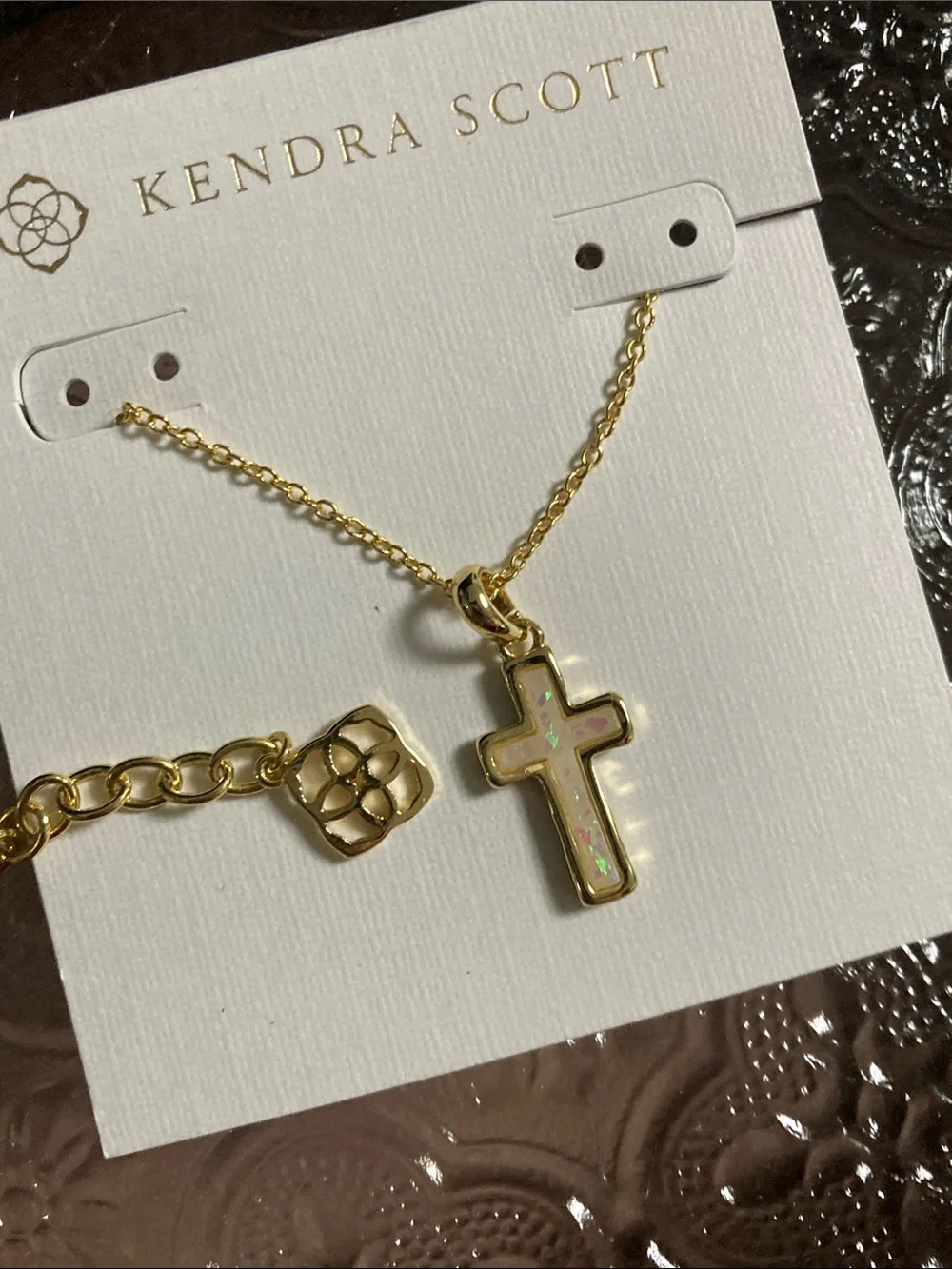 Kendra Scott Gold Cross Necklace with White Opal Inlay